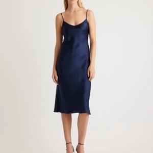 NWOT Quince 100% Washable Silk Slip Dress Navy Size SMALL